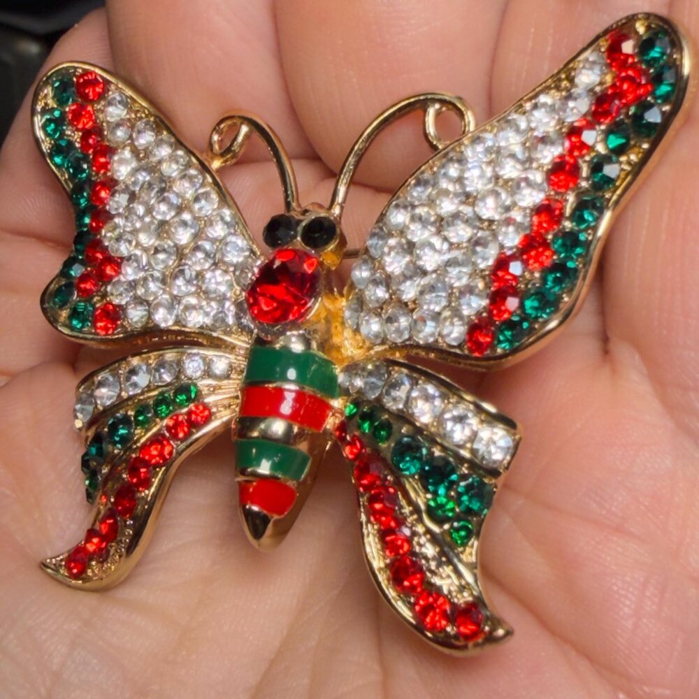 Butterfly Brooch Rhinestone Red Green Holiday Pin 2.5” - Picture 5 of 6